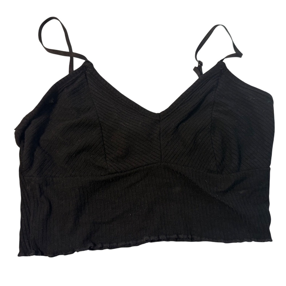 Ozzol Black Ribbed Knit Cami Crop Top V-Neck Adjustable Straps Size Small